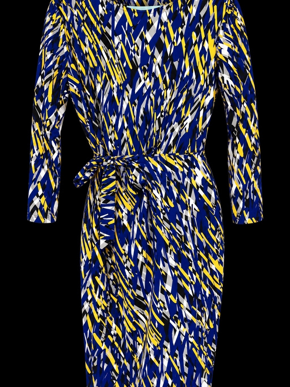 Kasper Abstract Belted Midi Dress in Blue, Yellow & White